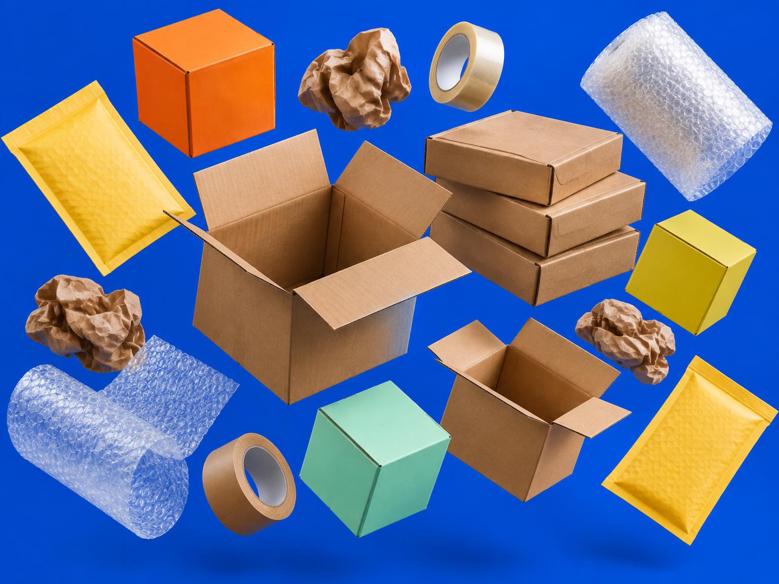Cardboard boxes, mailing boxes, padded envelopes, bubble wrap, packing paper and tape